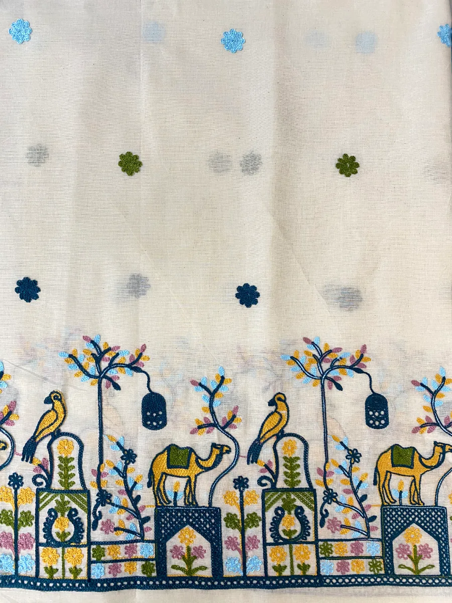 Cotton Linen Fabric | Cream & solid teal Suit | Embroidered Camel & Birds Motif | Unstitched Suit
