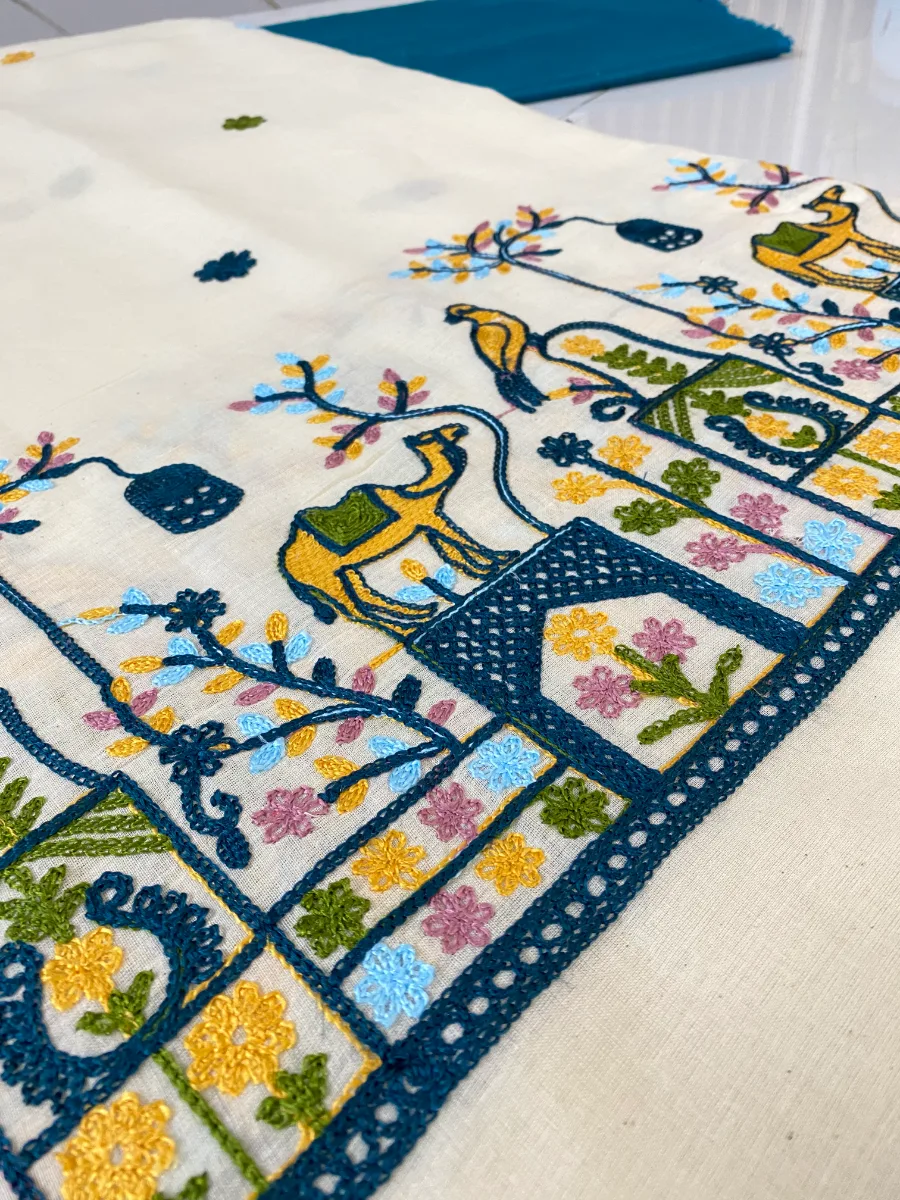 Cotton Linen Fabric | Cream & solid teal Suit | Embroidered Camel & Birds Motif | Unstitched Suit