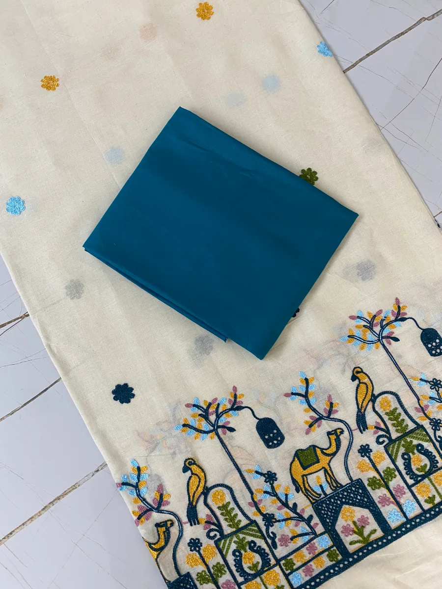 Cotton Linen Fabric | Cream & solid teal Suit | Embroidered Camel & Birds Motif | Unstitched Suit