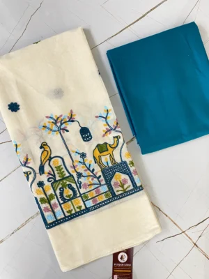 Cotton Linen Fabric | Cream & solid teal Suit | Embroidered Camel & Birds Motif | Unstitched Suit