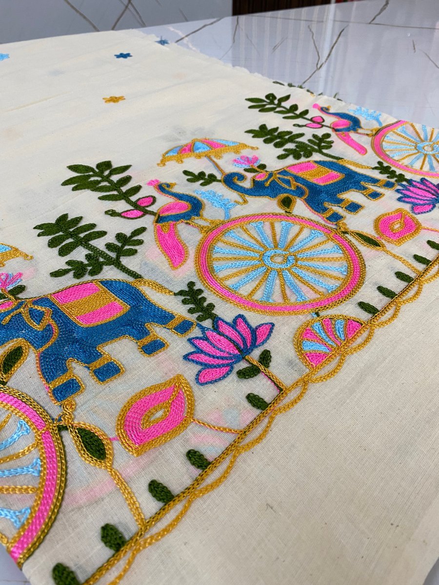 Cotton Linen Fabric | Cream & Mustard Yellow Suit | Embroidered Elephant & Peacock Motif | Unstitched Suit