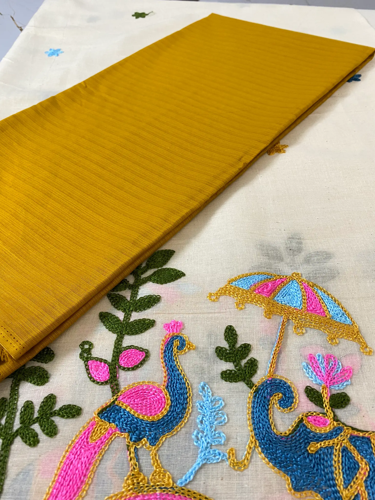 Cotton Linen Fabric | Cream & Mustard Yellow Suit | Embroidered Elephant & Peacock Motif | Unstitched Suit - Image 4