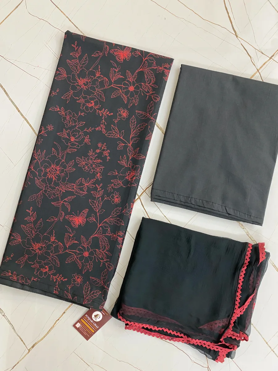 Cotton | Black | Printed | Unstitched Suit