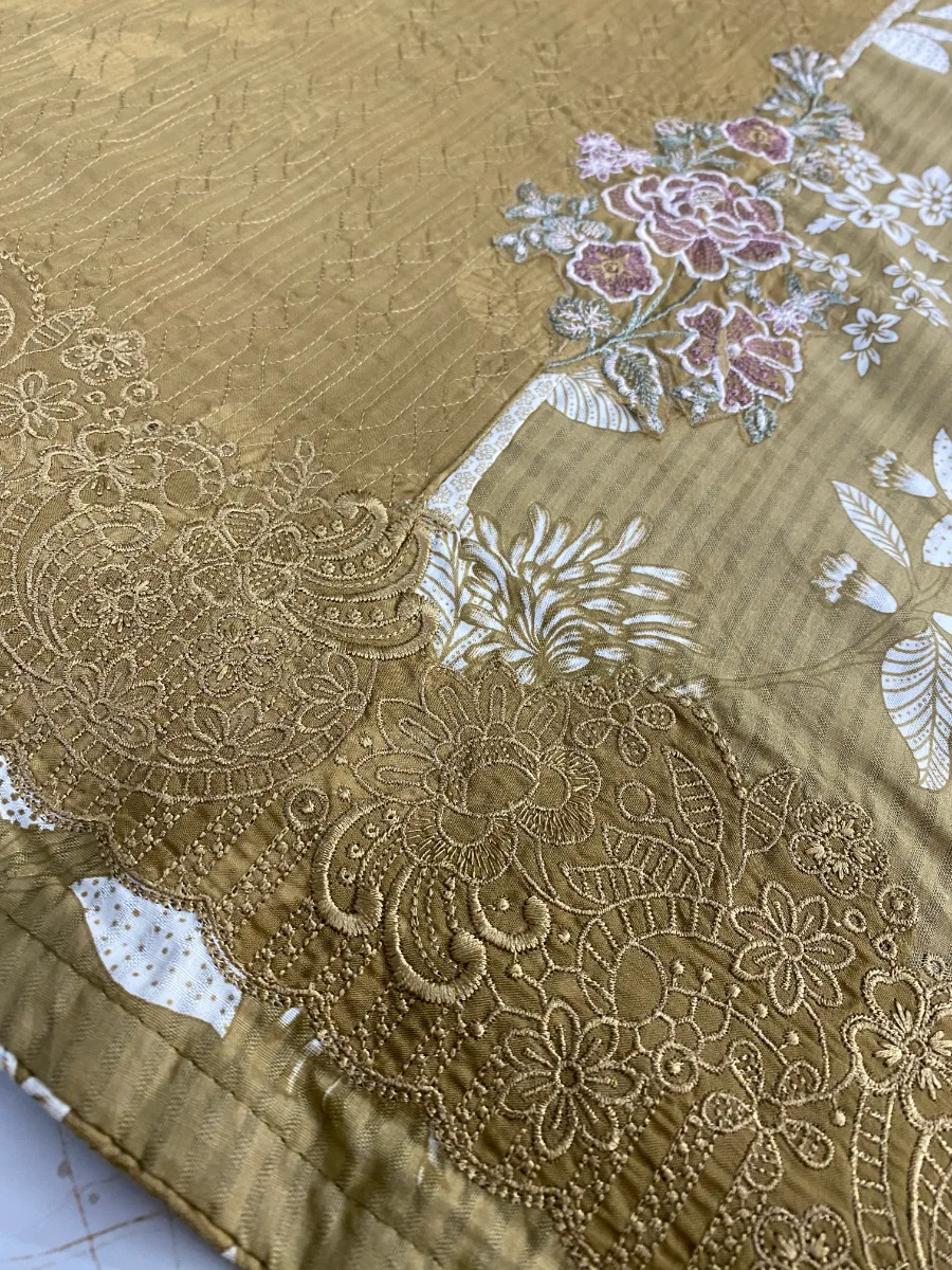 Cotton & Chinon | Golden Brown & Off White | Thread & Machine Embroidered Printed | Unstitched Suit