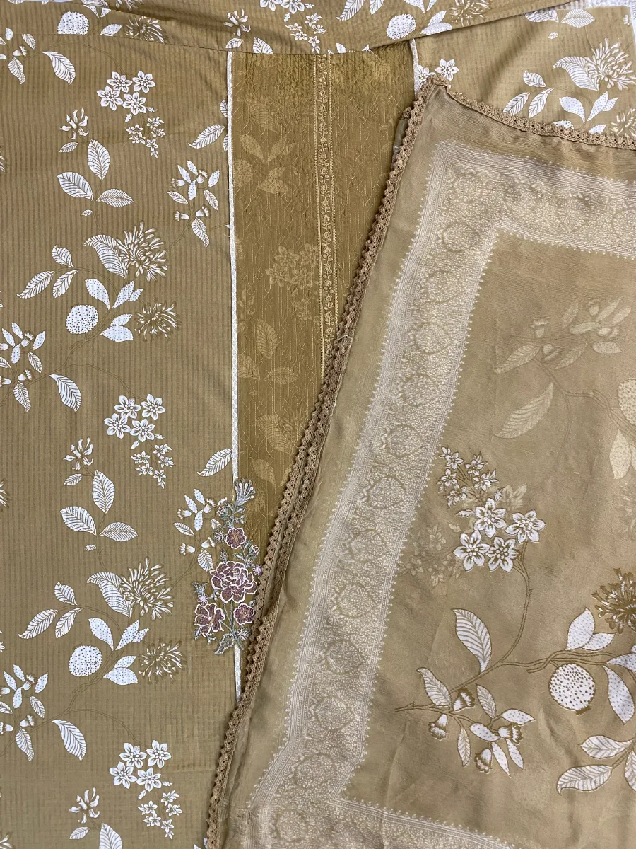 Cotton & Chinon | Golden Brown & Off White | Thread & Machine Embroidered Printed | Unstitched Suit