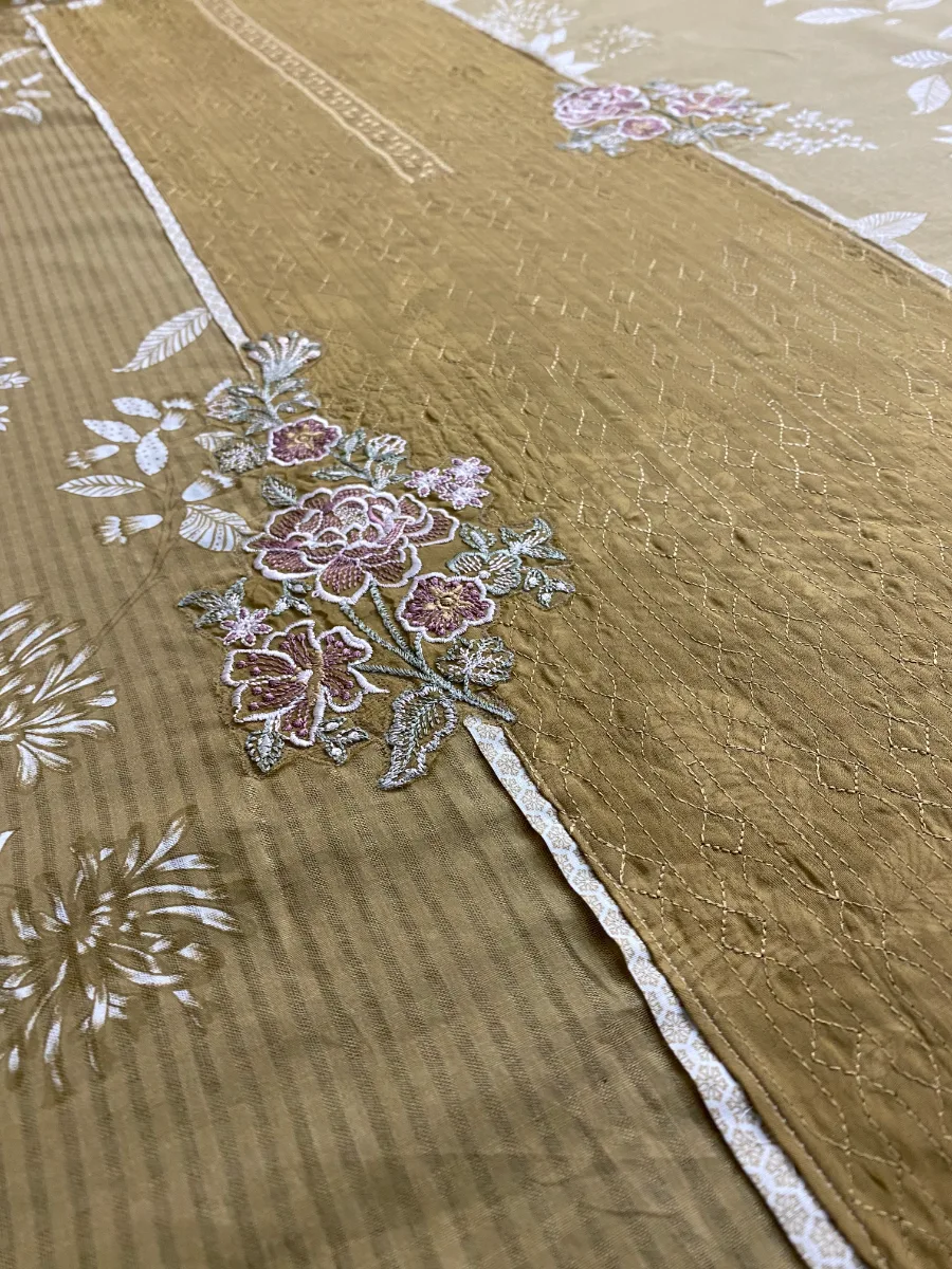Cotton & Chinon | Golden Brown & Off White | Thread & Machine Embroidered Printed | Unstitched Suit