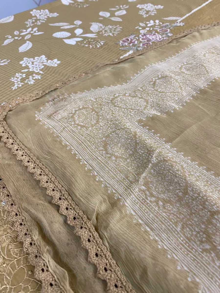 Cotton & Chinon | Golden Brown & Off White | Thread & Machine Embroidered Printed | Unstitched Suit