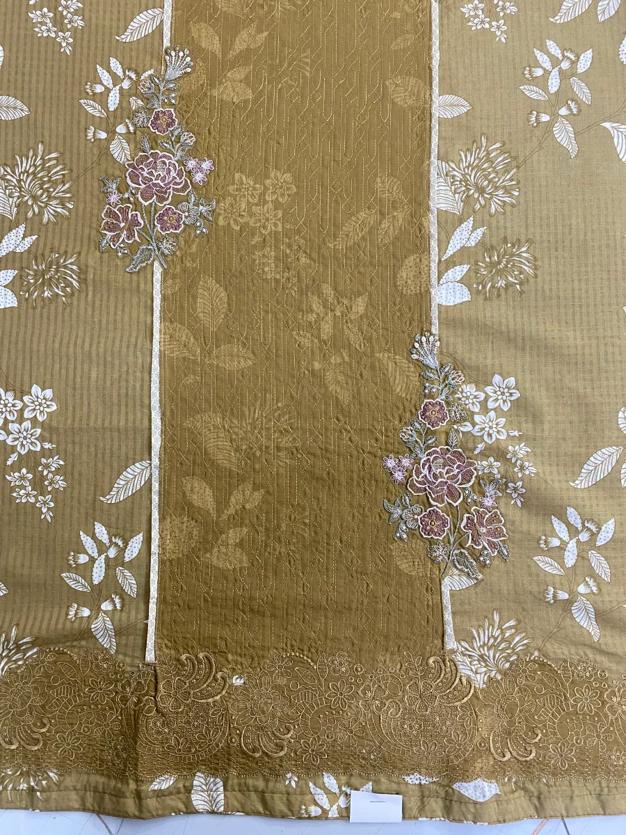 Cotton & Chinon | Golden Brown & Off White | Thread & Machine Embroidered Printed | Unstitched Suit
