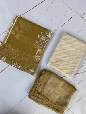 Cotton & Chinon | Golden Brown & Off White | Thread & Machine Embroidered Printed | Unstitched Suit