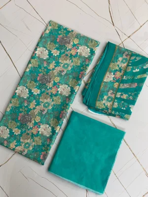 Cotton & Muslin | Deep Teal | Printed | Unstitched Suit