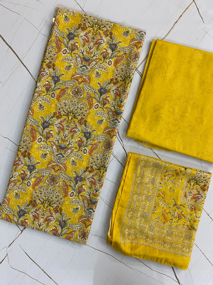 Cotton & Muslin | Mustard Yellow | Lace Work & Printed | Unstitched Suit