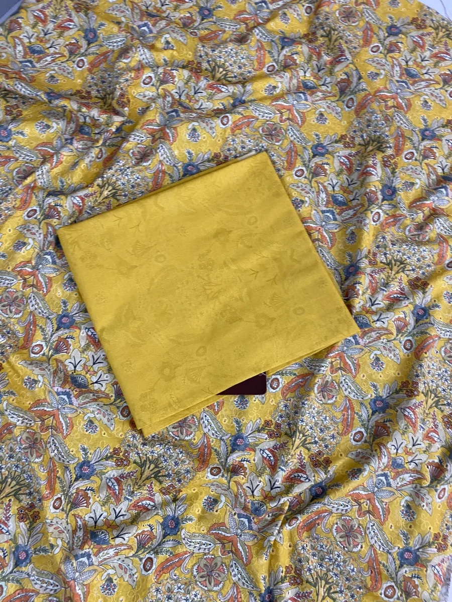 Cotton & Muslin | Mustard Yellow | Lace Work & Printed | Unstitched Suit