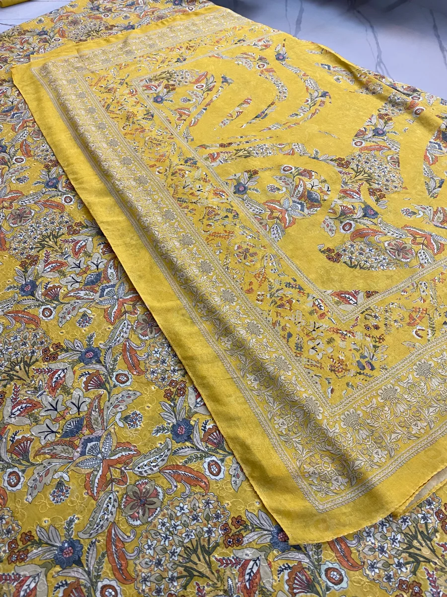 Cotton & Muslin | Mustard Yellow | Lace Work & Printed | Unstitched Suit