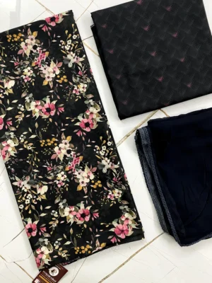 Cotton with Chiffon Dupatta | Black | Printed | Unstitched Suit