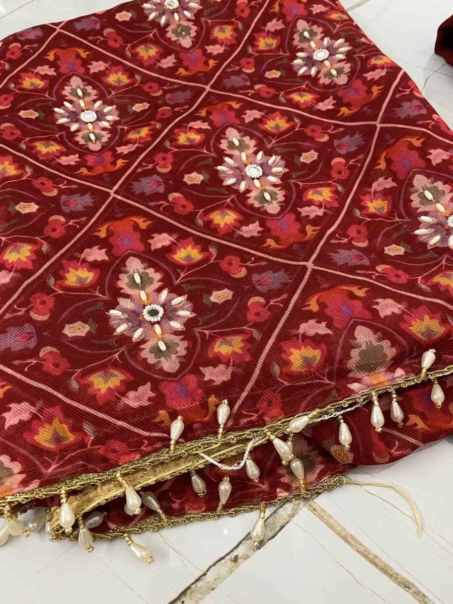 Georgette and Upada Silk bottom | Deep Red & light peach Suit | Pearl Work and Thread Embroidered | Unstitched Suit