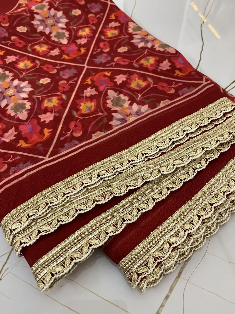 Georgette and Upada Silk bottom | Deep Red & light peach Suit | Pearl Work and Thread Embroidered | Unstitched Suit