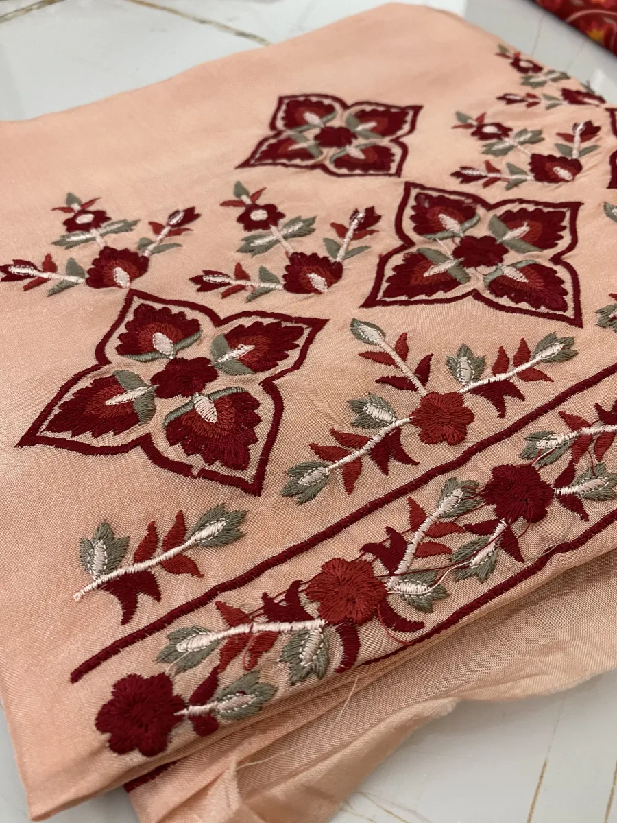 Georgette and Upada Silk bottom | Deep Red & light peach Suit | Pearl Work and Thread Embroidered | Unstitched Suit
