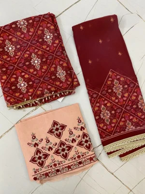 Georgette and Upada Silk bottom | Deep Red & light peach Suit | Pearl Work and Thread Embroidered | Unstitched Suit