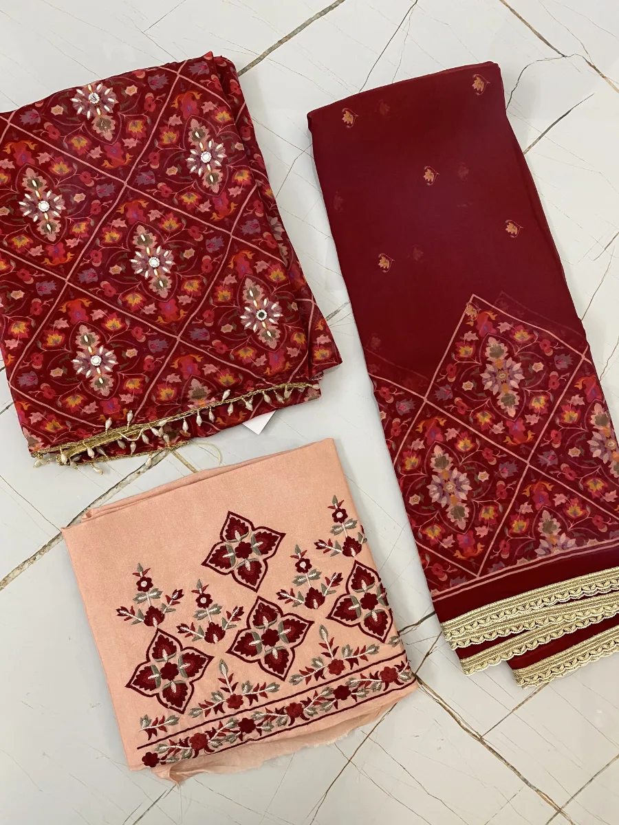 Georgette and Upada Silk bottom | Deep Red & light peach Suit | Pearl Work and Thread Embroidered | Unstitched Suit