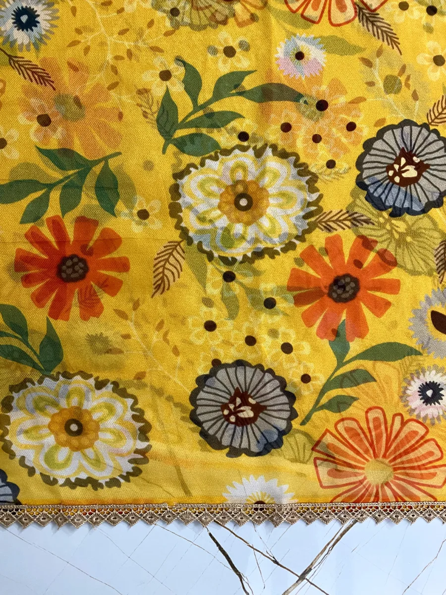Georgette Cotton | Yellow & Off-white | Thread & Lace Work Printed | Unstitched Suit