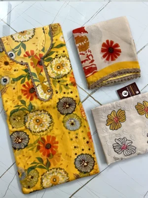 Georgette Cotton | Yellow & Off-white | Thread & Lace Work Printed | Unstitched Suit