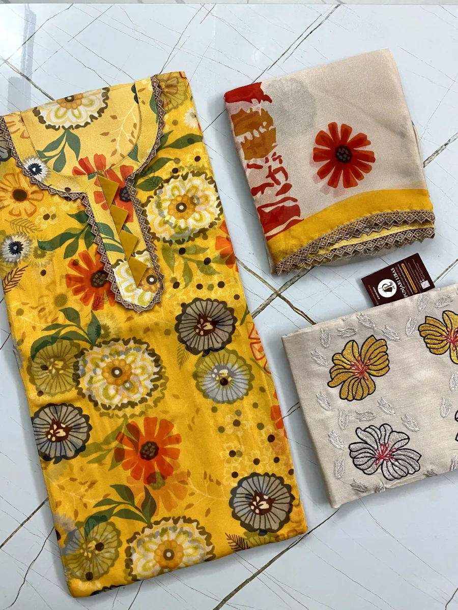 Georgette Cotton | Yellow & Off-white | Thread & Lace Work Printed | Unstitched Suit