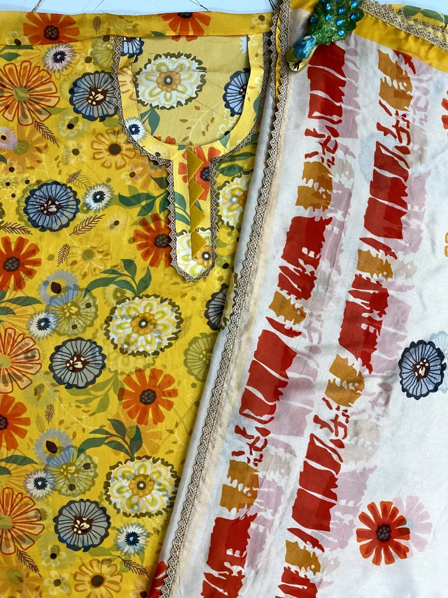 Georgette Cotton | Yellow & Off-white | Thread & Lace Work Printed | Unstitched Suit