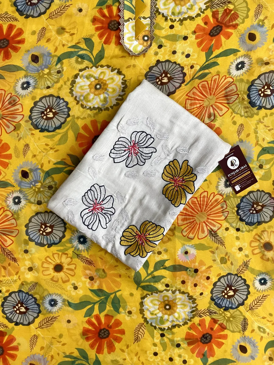 Georgette Cotton | Yellow & Off-white | Thread & Lace Work Printed | Unstitched Suit