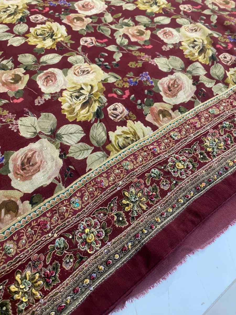 Georgette & Silk | Deep Maroon | Thread & Machine Embroidered Printed | Unstitched Suit