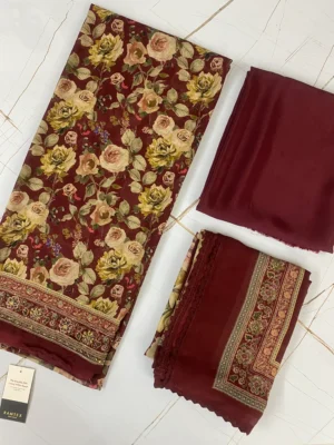 Georgette & Silk | Deep Maroon | Thread & Machine Embroidered Printed | Unstitched Suit