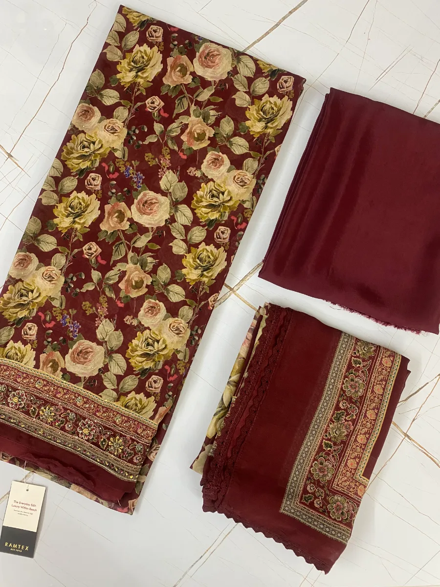 Georgette & Silk | Deep Maroon | Thread & Machine Embroidered Printed | Unstitched Suit