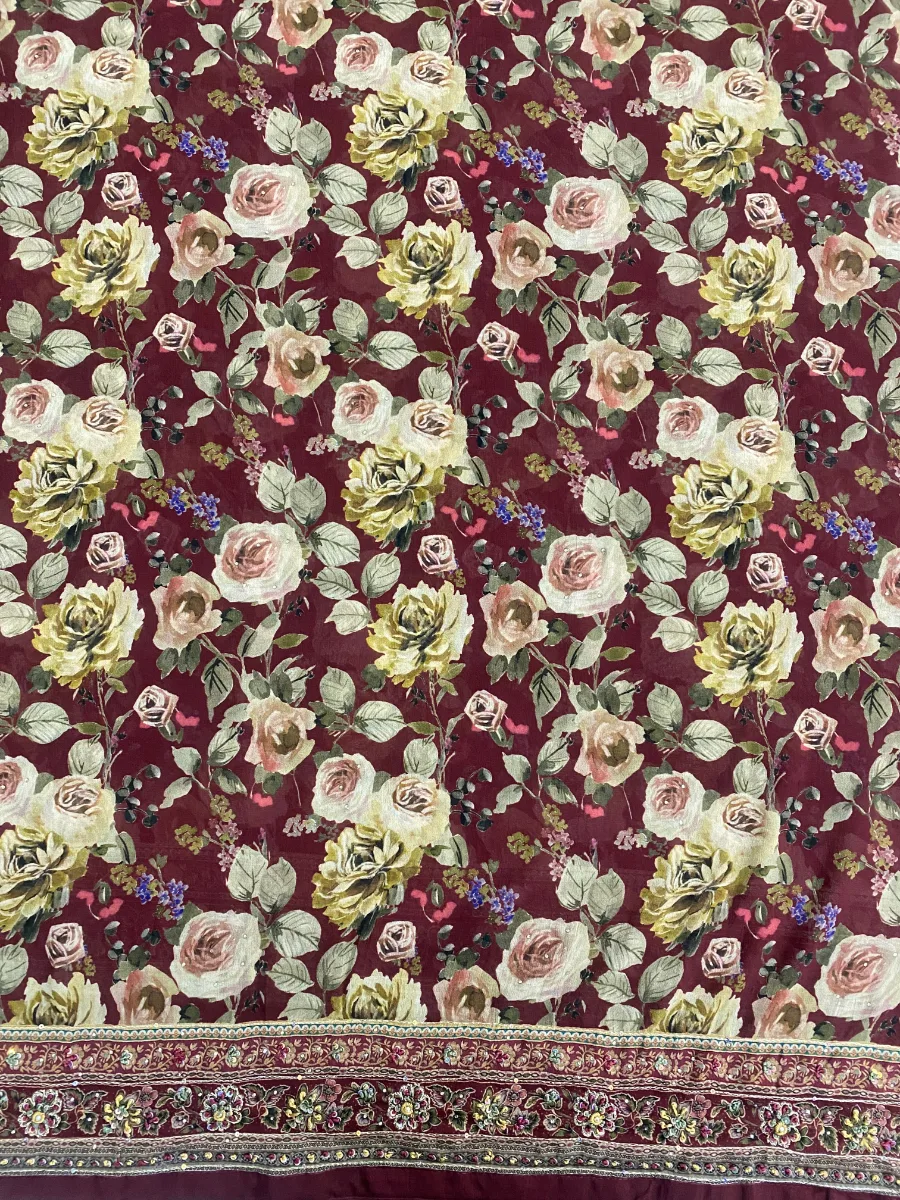 Georgette & Silk | Deep Maroon | Thread & Machine Embroidered Printed | Unstitched Suit