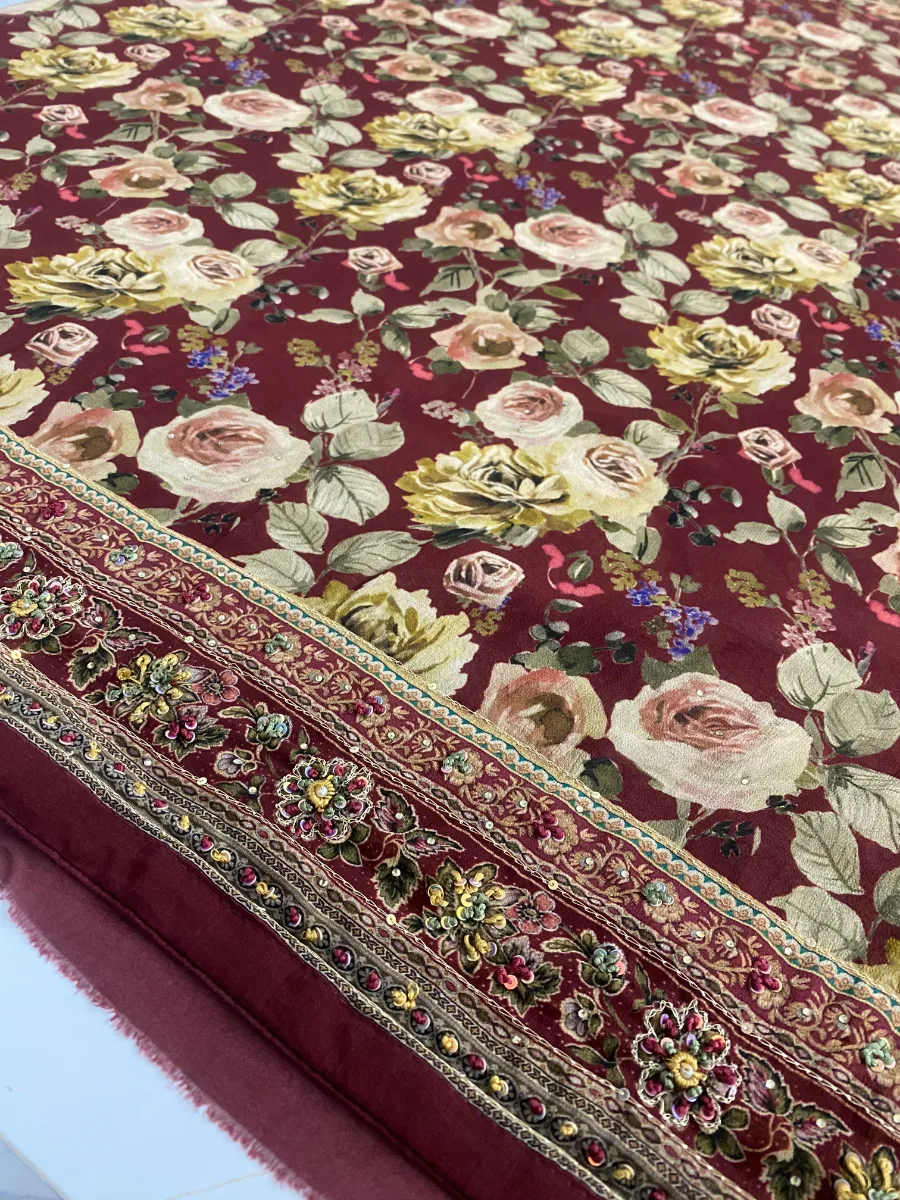 Georgette & Silk | Deep Maroon | Thread & Machine Embroidered Printed | Unstitched Suit