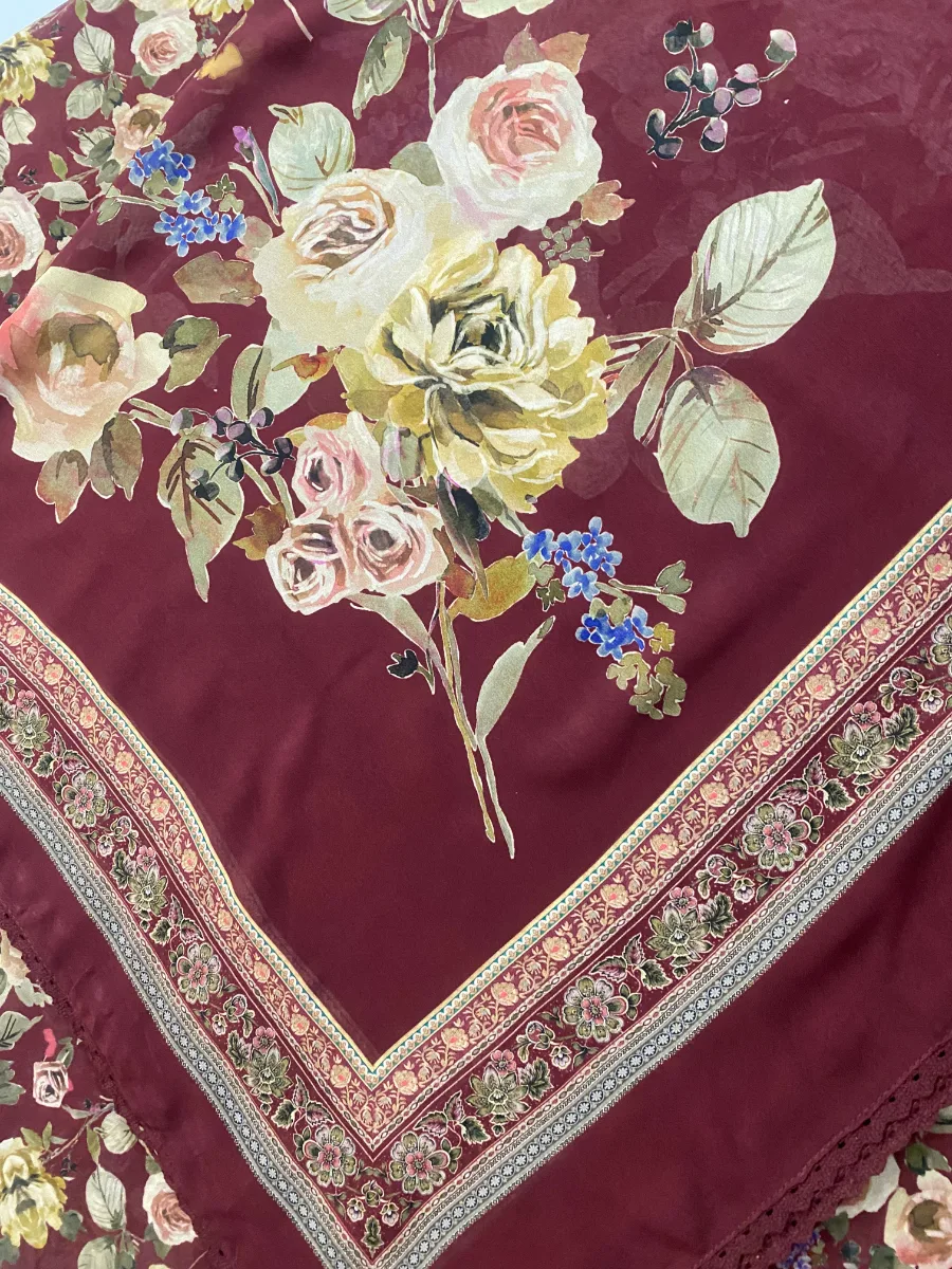 Georgette & Silk | Deep Maroon | Thread & Machine Embroidered Printed | Unstitched Suit