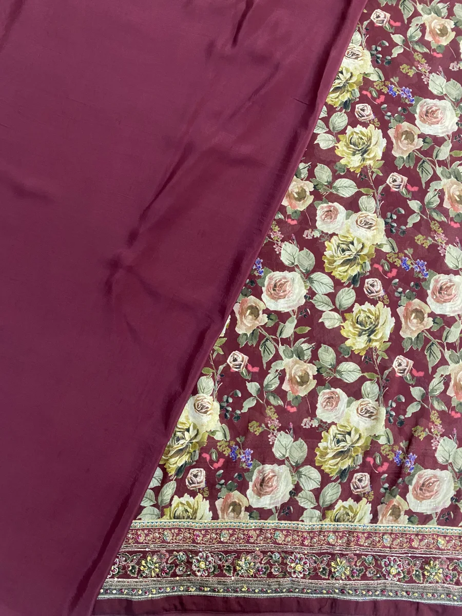 Georgette & Silk | Deep Maroon | Thread & Machine Embroidered Printed | Unstitched Suit