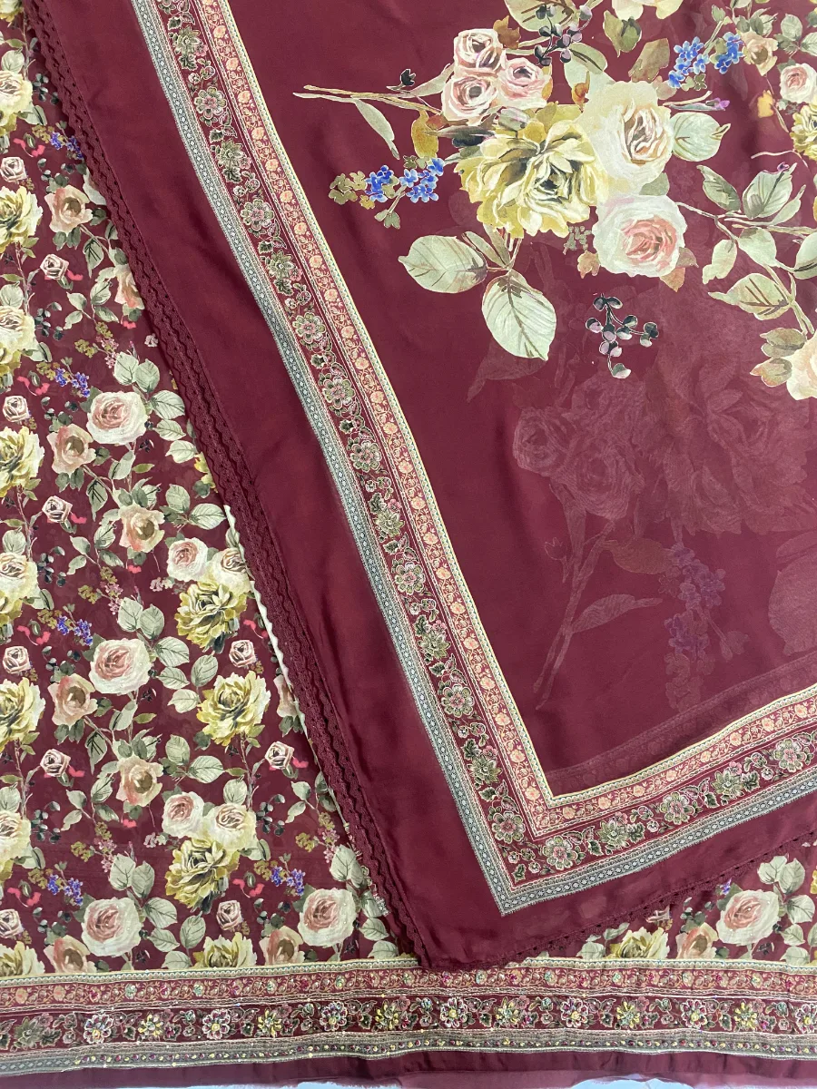 Georgette & Silk | Deep Maroon | Thread & Machine Embroidered Printed | Unstitched Suit
