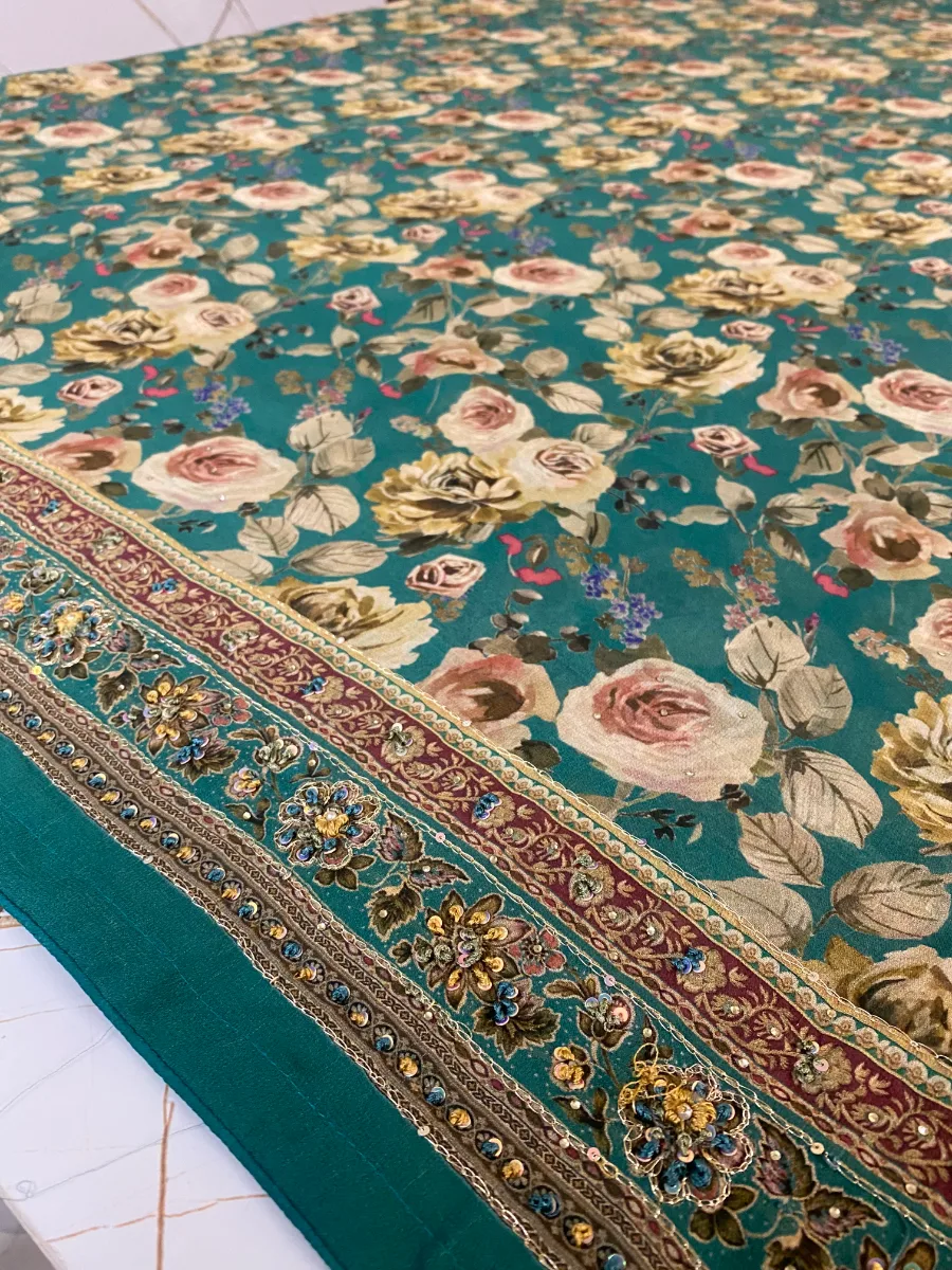 Georgette & Silk | Deep Teal with Beige Roses | Thread Work & Printed | Unstitched Suit