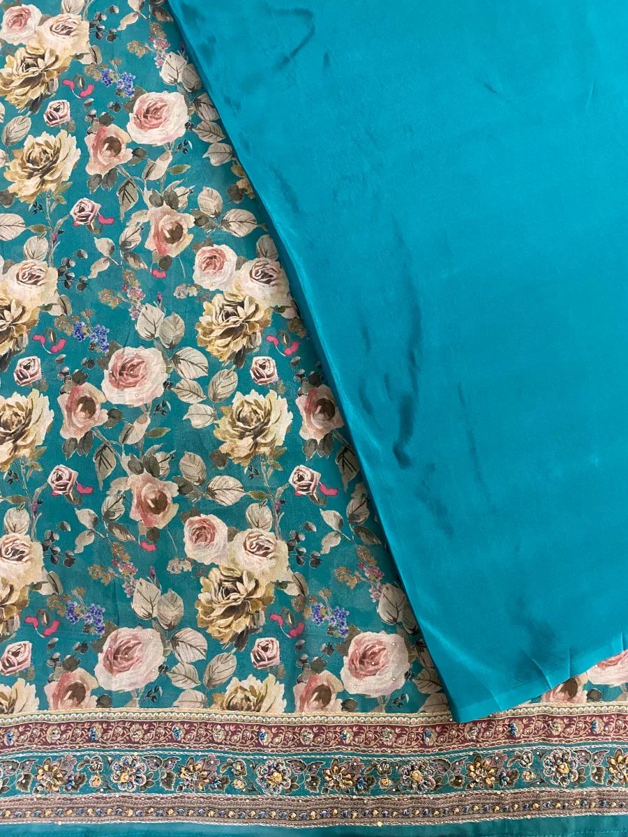 Georgette & Silk | Deep Teal with Beige Roses | Thread Work & Printed | Unstitched Suit