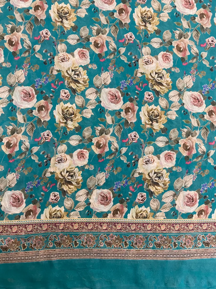Georgette & Silk | Deep Teal with Beige Roses | Thread Work & Printed | Unstitched Suit