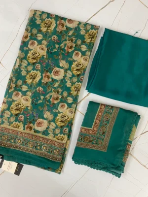 Georgette & Silk | Deep Teal with Beige Roses | Thread Work & Printed | Unstitched Suit