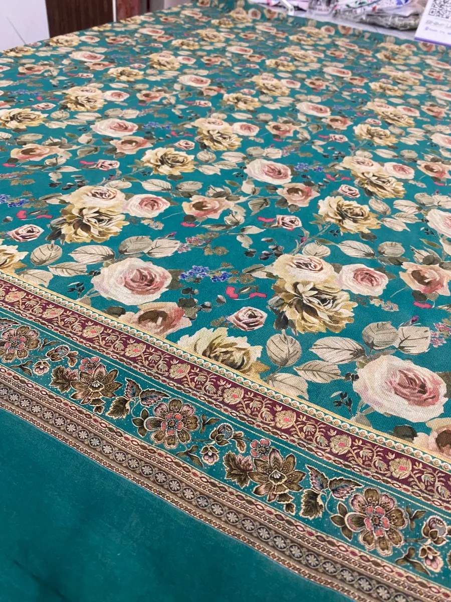 Georgette & Silk | Deep Teal with Beige Roses | Thread Work & Printed | Unstitched Suit