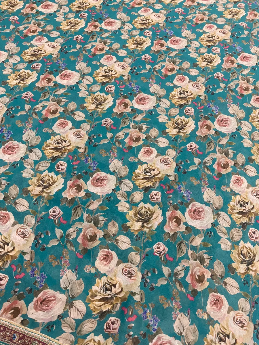 Georgette & Silk | Deep Teal with Beige Roses | Thread Work & Printed | Unstitched Suit
