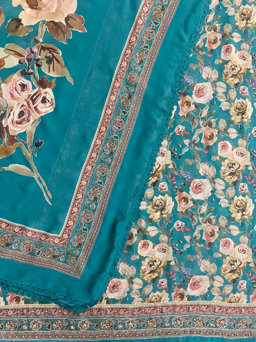 Georgette & Silk | Deep Teal with Beige Roses | Thread Work & Printed | Unstitched Suit