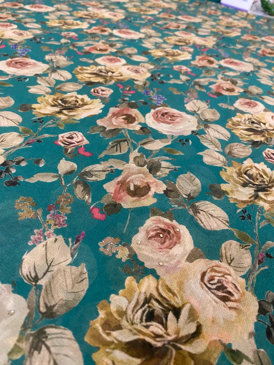 Georgette & Silk | Deep Teal with Beige Roses | Thread Work & Printed | Unstitched Suit