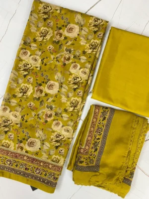 Georgette & Silk | Mustard Yellow with Beige Roses | Printed | Unstitched Suit