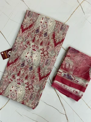Muslin | Cream & Maroon | Printed | Unstitched Suit