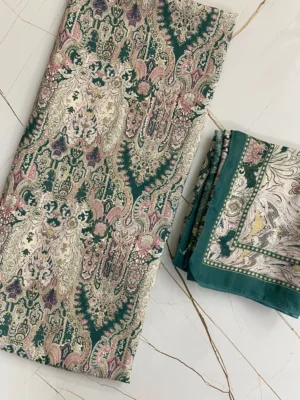 Muslin | Cream with Green Print | Printed | Unstitched Suit
