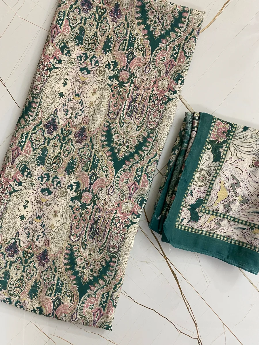 Muslin | Cream with Green Print | Printed | Unstitched Suit