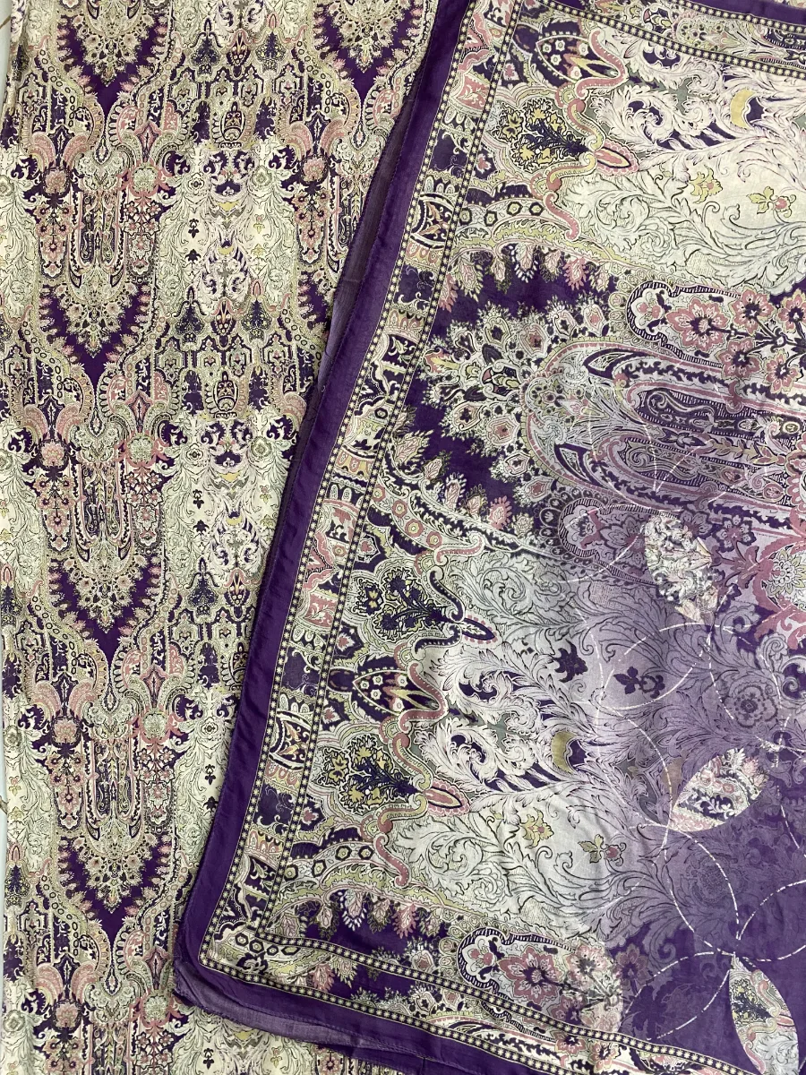 Muslin | Cream with Purple Print | Printed | Unstitched Suit