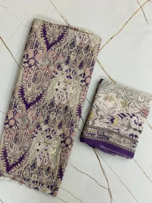 Muslin | Cream with Purple Print | Printed | Unstitched Suit